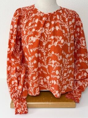 MNK Blood Orange Cotton Seersucker Smocked Balloon Sleeve Top - Size M EUC